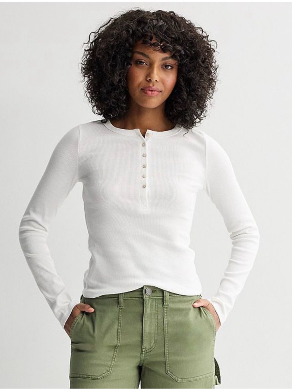 SO White Ribbed Henley Long-Sleeve Top
